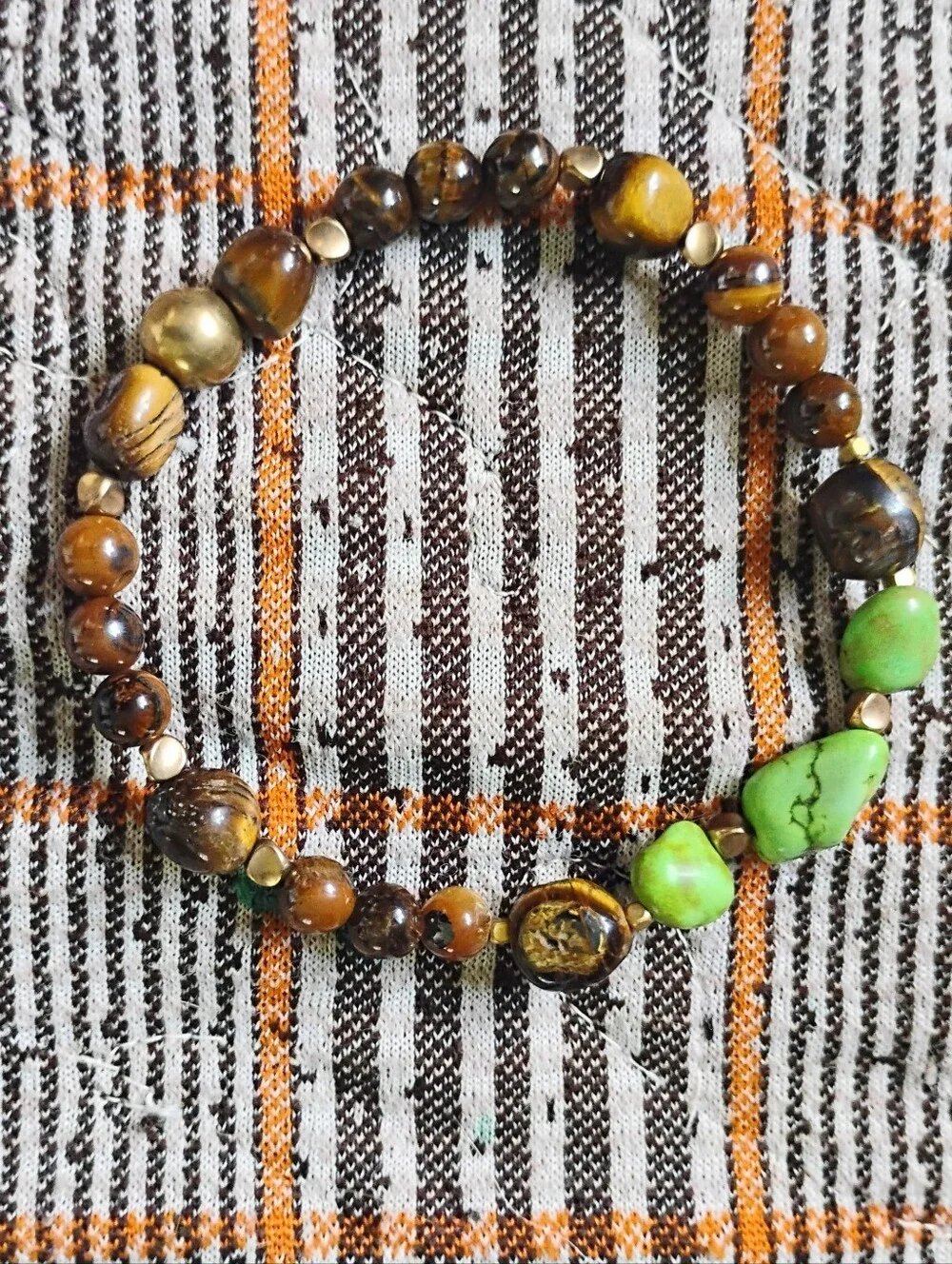 Large Tiger Eye and Green Turquoise Stretch Bracelet - Picture 3 of 6